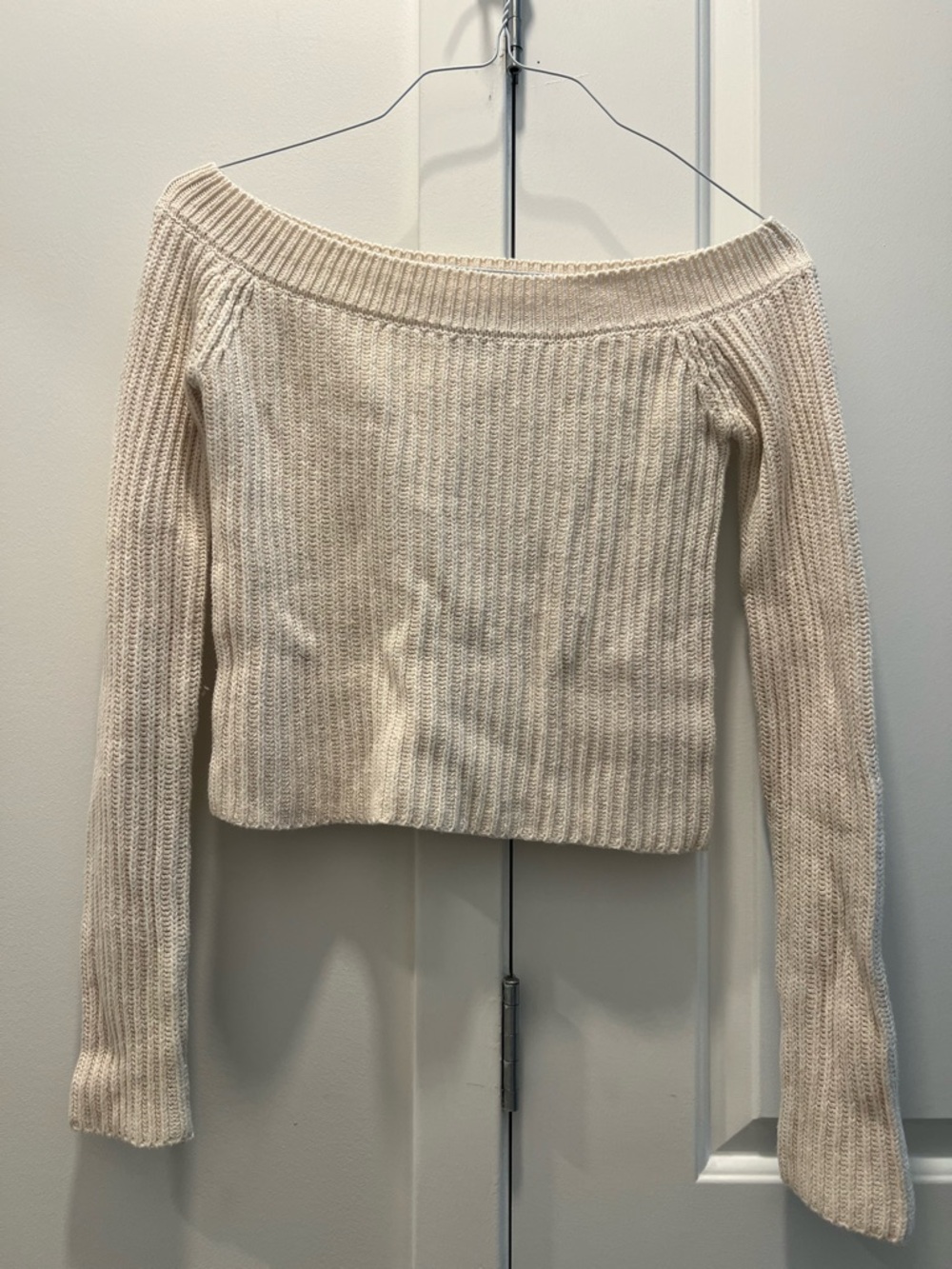 Kittenish Cream Off-the-Shoulder Ribbed Knit Sweater